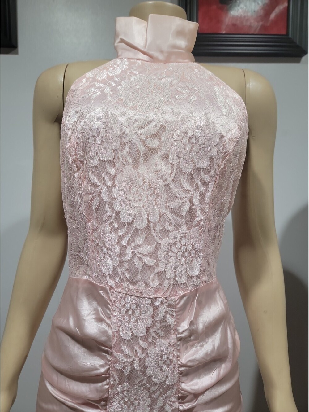 DIAMOND'S RUNS Vtg Ruched Ruffle Satin/lace 9-10 Dress Victorian Pink #04 - Picture 8 of 15